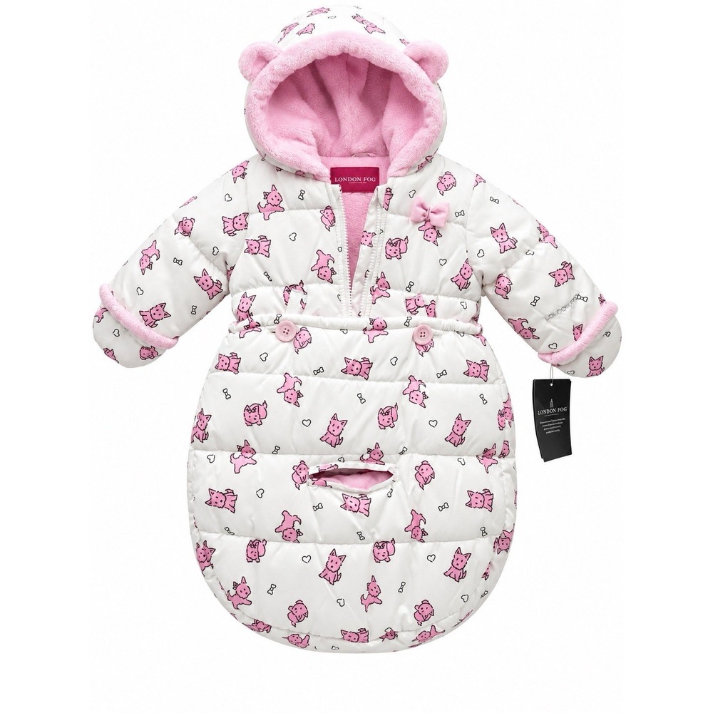 NWT London Fog Baby Girl 0-6M Puppy Print Puffer Coat Bunting Bag Pink White
